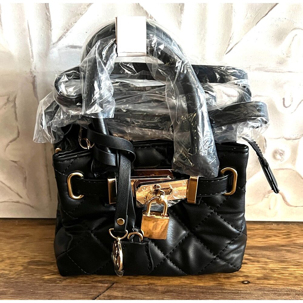 Badgley Mischka Mini Diamond Quilted Black Tote Purse w/ Key & Lock NWT